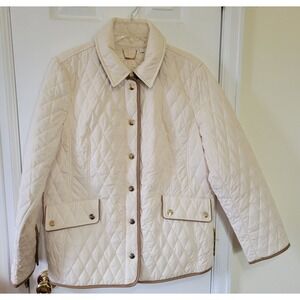 Chico's Quilted Jacket Size 2 US L Ivory Gold Snaps Pockets Classic Modern Luxe